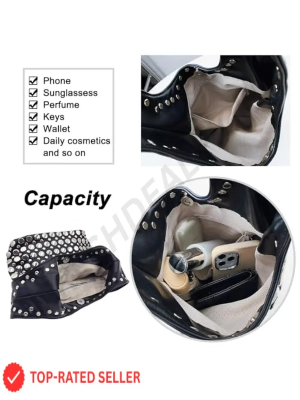 Punk Studded Hobo Shoulder Bag for Women Top Handle Tote Purse
